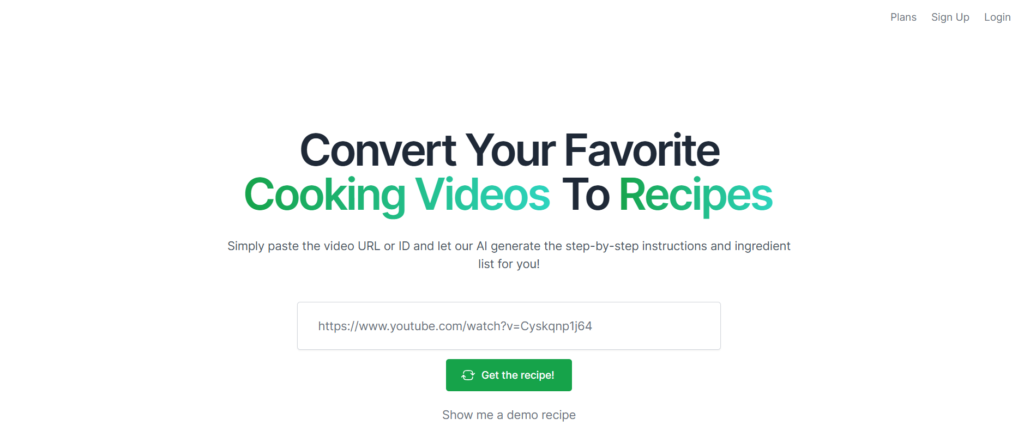 Video2Recipe interface showcasing AI-powered recipe extraction from cooking videos with features for identifying ingredients and step-by-step instructions.