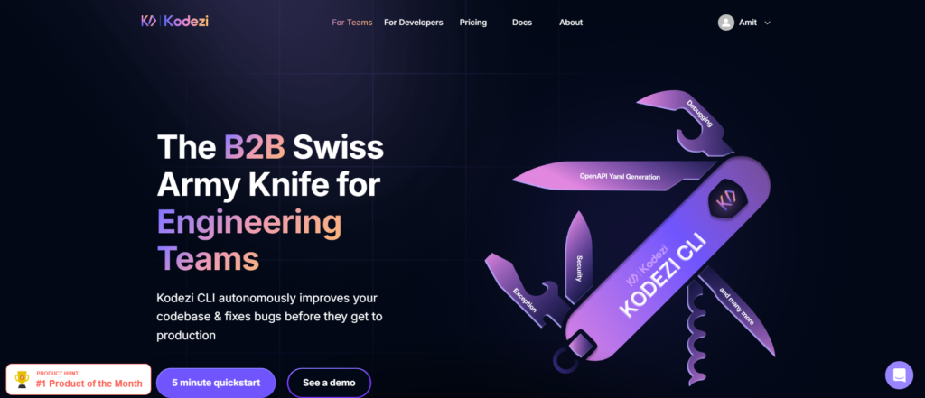 This image showcases a web page for Kodezi, described as "The B2B Swiss Army Knife for Engineering Teams." The page features a striking visual of a multi-tool Swiss army knife, each tool labeled with different functionalities like "OpenAPI Yaml Generation" and "Kodezi CLI," symbolizing the versatility of the Kodezi platform. The background is a rich, dark gradient, highlighting text and the knife in vivid purple. The page also includes icons for a "Product Hunt" badge, noting it as the "#1 Product of the Month," links for a "5 minute quickstart" and to "See a demo," emphasizing ease of use and accessibility for potential users.