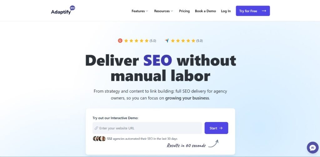 Adaptify is an AI platform for SEO, offering article generation, keyword research, backlink building, and white-label support.