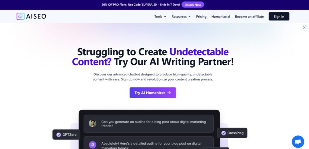 AISEO homepage with the headline 'Struggling to Create Undetectable Content? Try Our AI Writing Partner!' and subtext promoting high-quality, undetectable content creation. A prominent purple button labeled 'Try AI Humanizer' is displayed below the text.