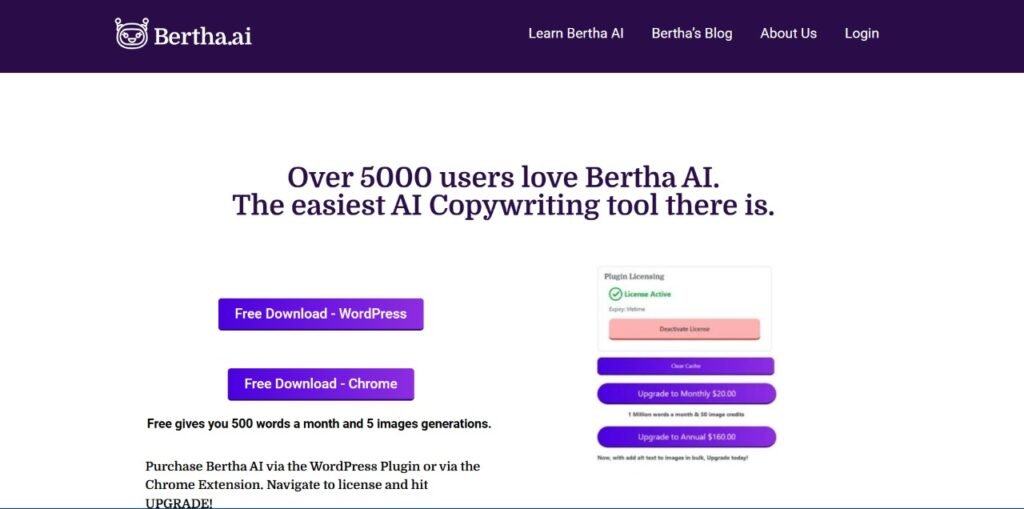 Bertha.ai is an AI content assistant for WordPress, simplifying SEO-friendly content creation, headlines, blogs, and alt-text.