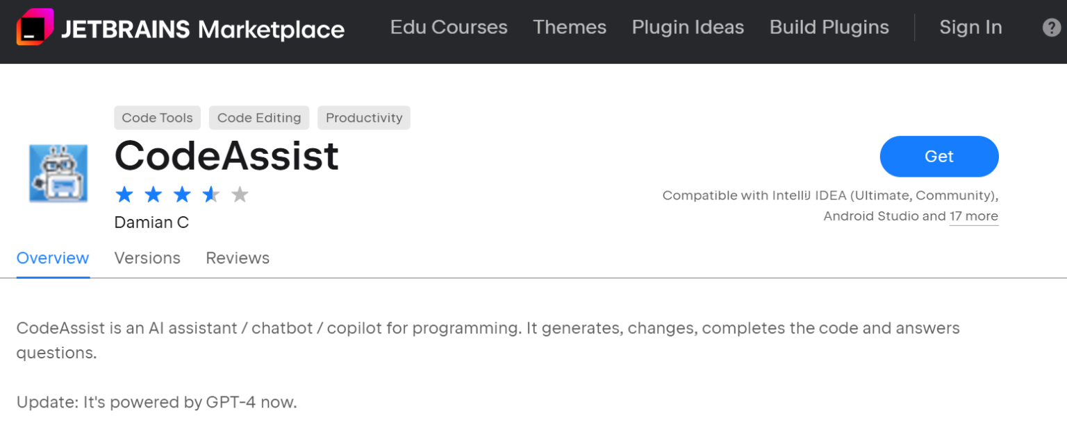 JetBrains Marketplace listing for CodeAssist, an AI-powered programming assistant that generates, changes, completes code, and answers questions. Powered by GPT-4