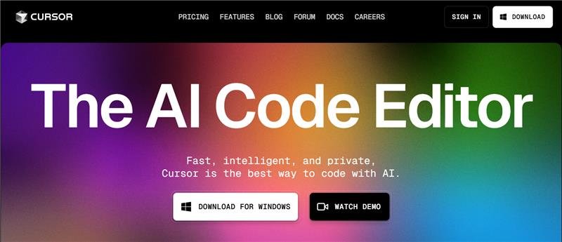 Screenshot of Cursor's homepage featuring the headline 'The AI Code Editor' on a vibrant, gradient background. Below, the text highlights its speed, intelligence, and privacy, emphasizing Cursor as the best way to code with AI. Buttons labeled 'Download for Windows' and 'Watch Demo' are displayed. Navigation options at the top include Pricing, Features, Blog, Forum, Docs, and Careers, with a prominent 'Sign Up' button.