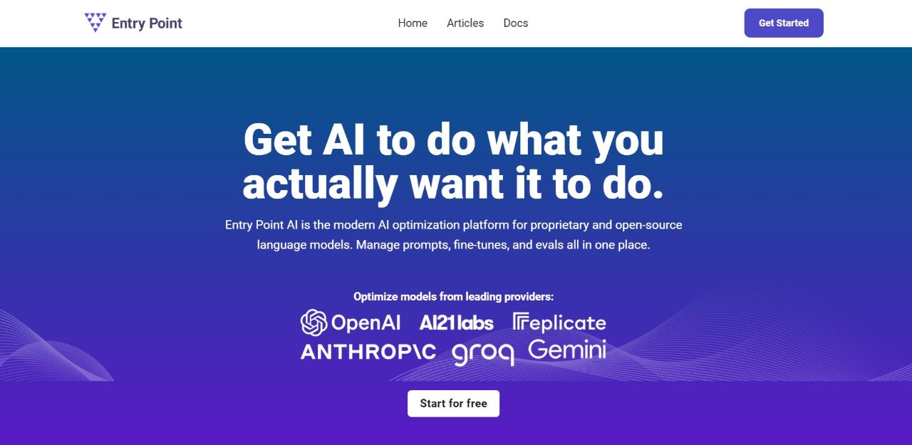 Entry Point AI dashboard showcasing tools for managing prompts, fine-tuning large language models, and comparing multiple AI model providers seamlessly.