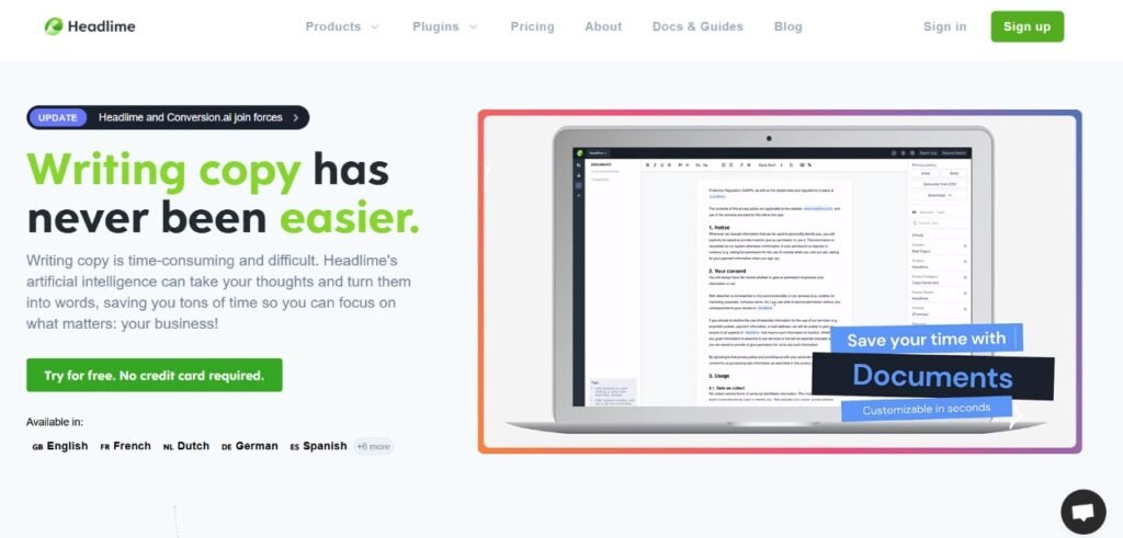 Headlime homepage featuring the headline 'Writing copy has never been easier.' Subtext emphasizes how Headlime's AI transforms thoughts into words, saving time for businesses. Includes a 'Try for free, no credit card required' button and a laptop displaying a customizable document interface.