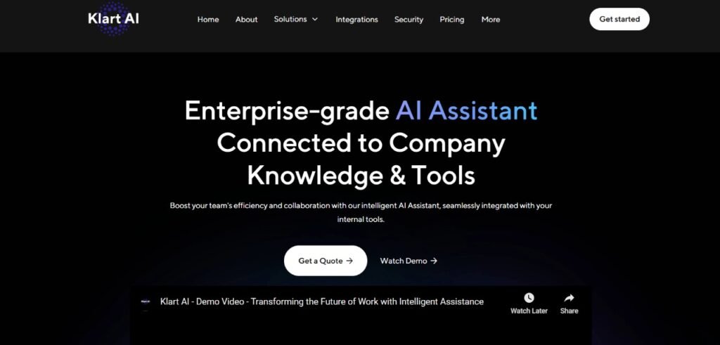 Klart AI homepage screenshot featuring enterprise-grade AI Assistant. The tagline highlights seamless integration with company knowledge and tools to boost team efficiency and collaboration. Buttons for 'Get a Quote' and 'Watch Demo' are visible, along with a demo video at the bottom.