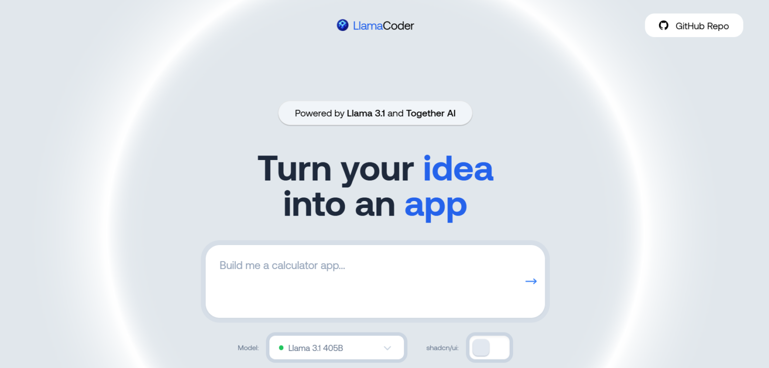 Screenshot of LlamaCoder homepage with the headline 'Turn your idea into an app.' The page includes a text input field for entering app ideas and buttons for app generation. A subtitle indicates the platform was 'formerly known as Together AI.' At the top, there is a link to the 'GitHub Repo.' The design features a clean, futuristic layout with a glowing circular background.