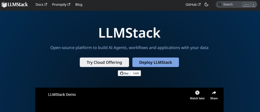 Screenshot of the LLMStack homepage with the headline 'LLMStack.' The page promotes an open-source platform for building AI agents, workflows, and applications with your data. Two call-to-action buttons labeled 'Try Cloud Offering' and 'Deploy LLMStack' are displayed. Navigation links at the top include Board, Prompts, and Blog, alongside a GitHub link. A demo video section labeled 'LLMStack Demo' is visible below the main content.