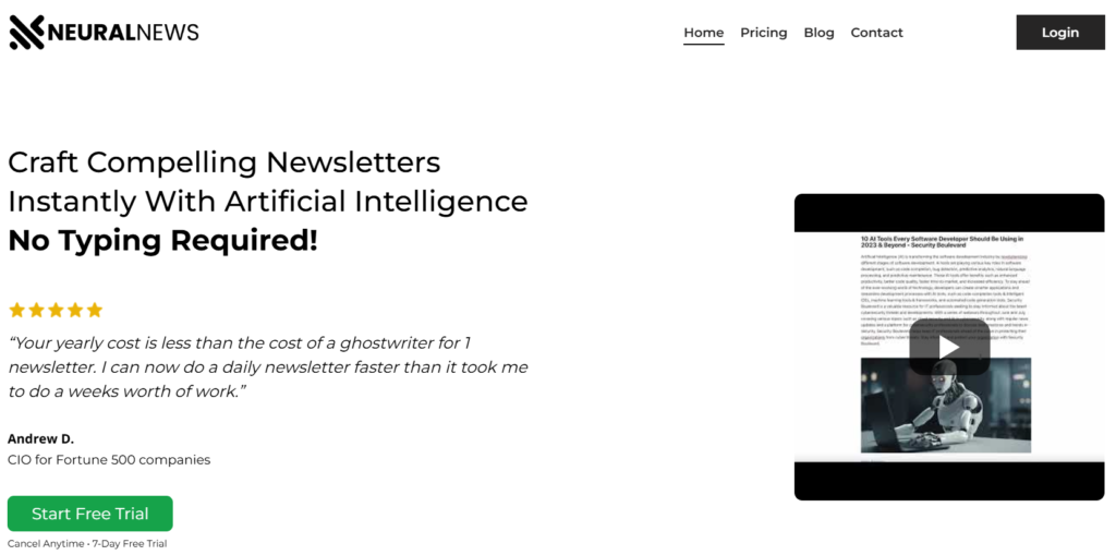 Neural News homepage showcasing the tagline 'Craft Compelling Newsletters Instantly With Artificial Intelligence' and a call-to-action for a free trial.