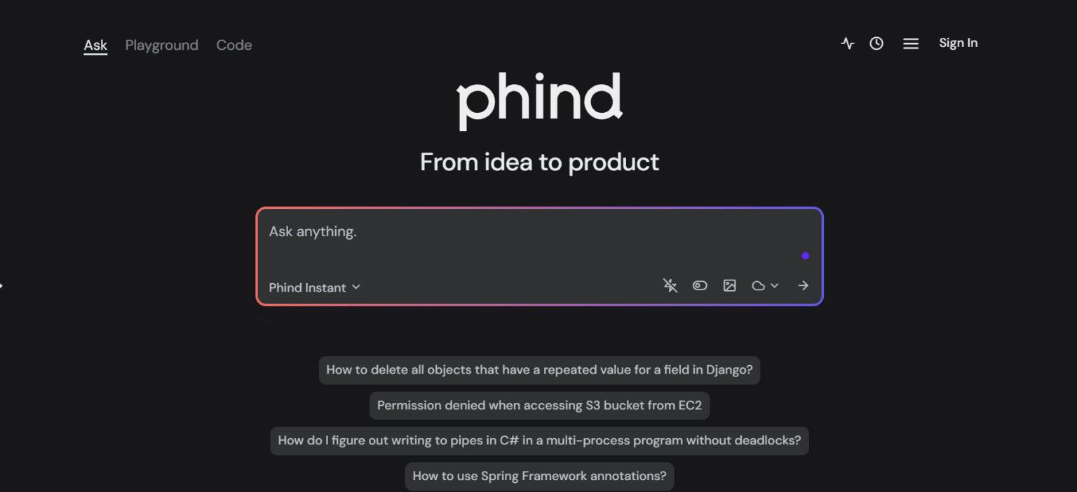 Phind search assistant interface displaying a search bar with the text "Ask anything" and options like Phind Instant