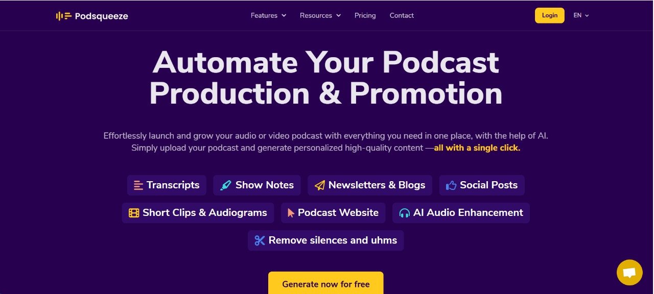 Podsqueeze homepage featuring the headline 'Automate Your Podcast Production & Promotion.' Subtext highlights effortless podcast growth using AI to generate high-quality content with a single click. Features include transcripts, show notes, social posts, short clips, audiograms, podcast websites, and AI audio enhancement. A yellow button labeled 'Generate now for free' is prominently displayed.