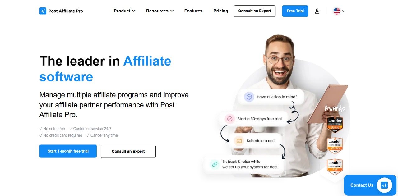 Post Affiliate Pro webpage showcasing top affiliate software features, including a 30-day free trial, no setup fee, and 24/7 support, with clear call-to-action buttons.