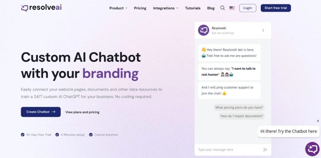 ResolveAI homepage showcasing a custom AI chatbot with branding, multi-channel support, and free trial options.