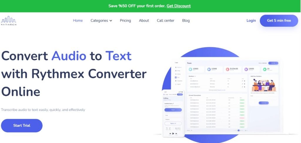 Rythmex homepage showcasing its audio-to-text conversion tool with a headline 'Convert Audio to Text with Rythmex Converter Online' and a 'Start Trial' button. A dashboard preview highlights transcription analytics and workflow.