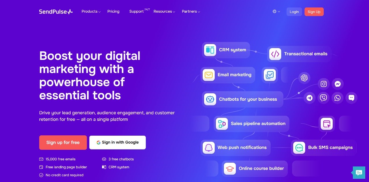 SendPulse homepage showcasing the headline 'Boost your digital marketing with a powerhouse of essential tools.' Highlights features like CRM system, email marketing, chatbots, sales pipeline automation, web push notifications, and bulk SMS campaigns. Includes call-to-action buttons for signing up and visuals of marketing tool integrations.