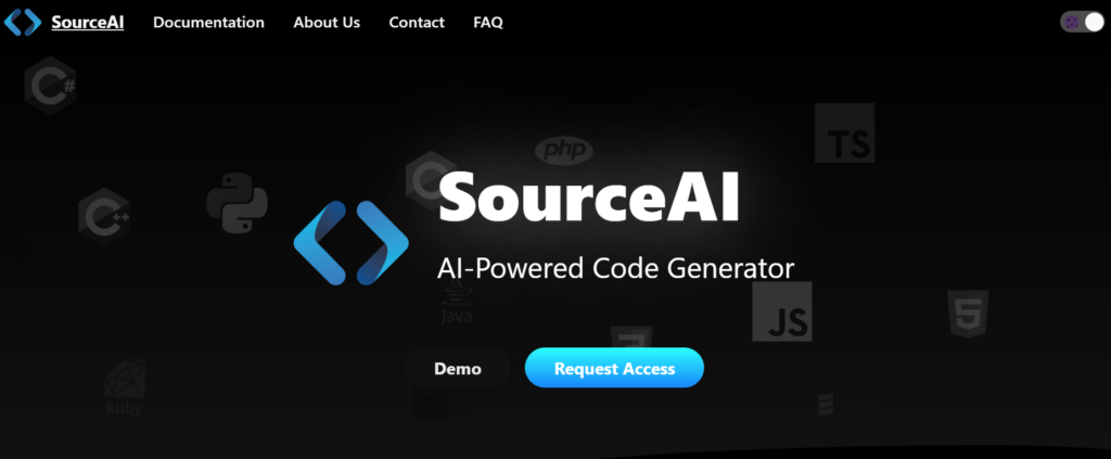 SourceAI homepage showcasing its AI-powered code generator for generating code in any programming language, with buttons for Demo and Request Access.