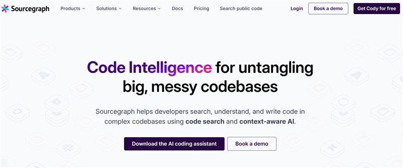 Screenshot of Sourcegraph's homepage featuring the headline 'Code Intelligence for untangling big, messy codebases.' The page highlights Sourcegraph's capabilities to help developers search, understand, and write code using code search and context-aware AI. Buttons labeled 'Download this AI coding assistant' and 'Book a demo' are displayed below the description. Navigation links at the top include Products, Solutions, Resources, Docs, and Pricing.