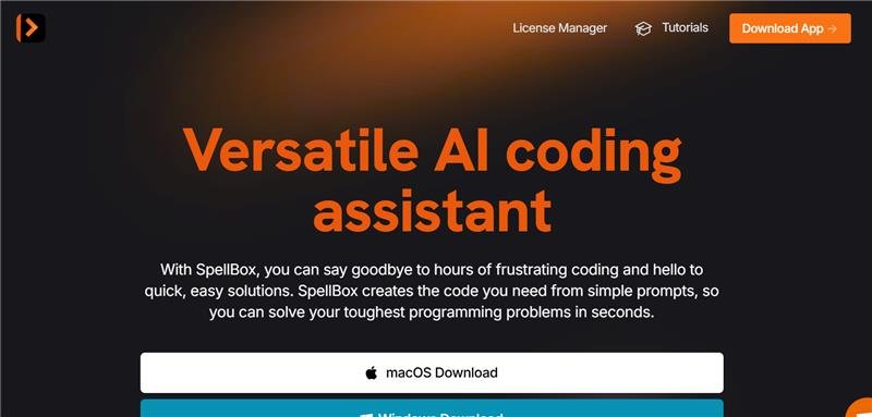 Spellbox homepage showcasing an AI coding assistant that generates code from prompts, explains syntax, and supports major programming languages like Python and JavaScript.