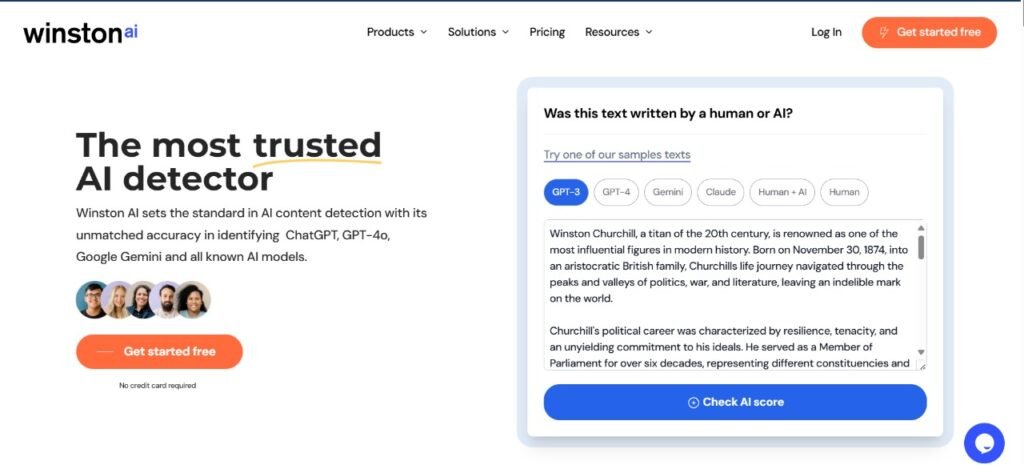 Winston AI homepage featuring the tagline 'The most trusted AI detector.' Subtext highlights its accuracy in detecting AI-generated content from models like ChatGPT and Google Gemini. Includes a 'Get started free' button and a sample text analysis tool with options to check AI scores.