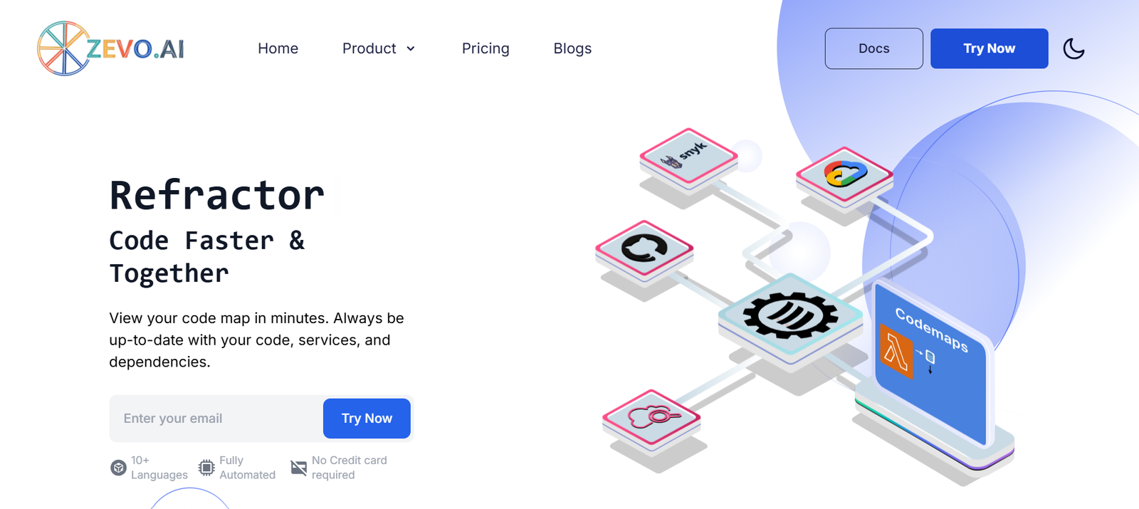 This image shows a webpage from Zevo AI's website featuring their "Refactor" product, which promises to enhance coding efficiency. The webpage highlights the ability to "Code Faster & Together" and showcases a visual map interface of code with network-like connections between various elements. Key features and benefits are highlighted around the interface, suggesting improvements in code quality, consistency, and observability. The page includes options for a demo and purchasing the product, positioned in a sleek, modern design that aligns with tech-oriented aesthetics.