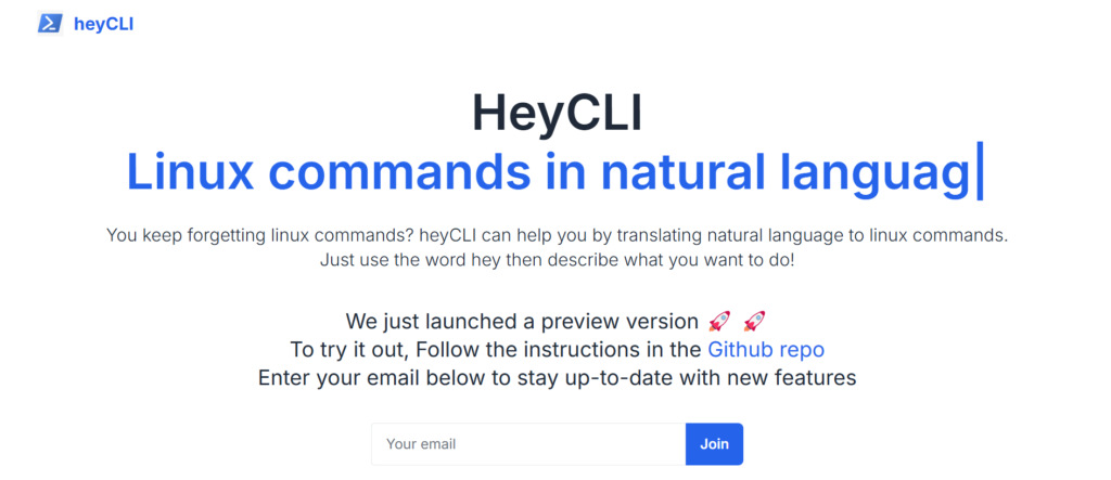 HeyCLI homepage showcasing its tagline 'Linux commands in natural language,' with a description of its features and a call to action to try the preview version.