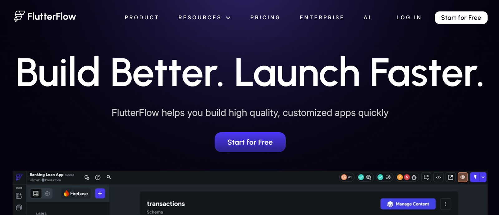 FlutterFlow homepage featuring the tagline 'Build Better. Launch Faster.' and highlighting its app-building features with a call-to-action to start for free.