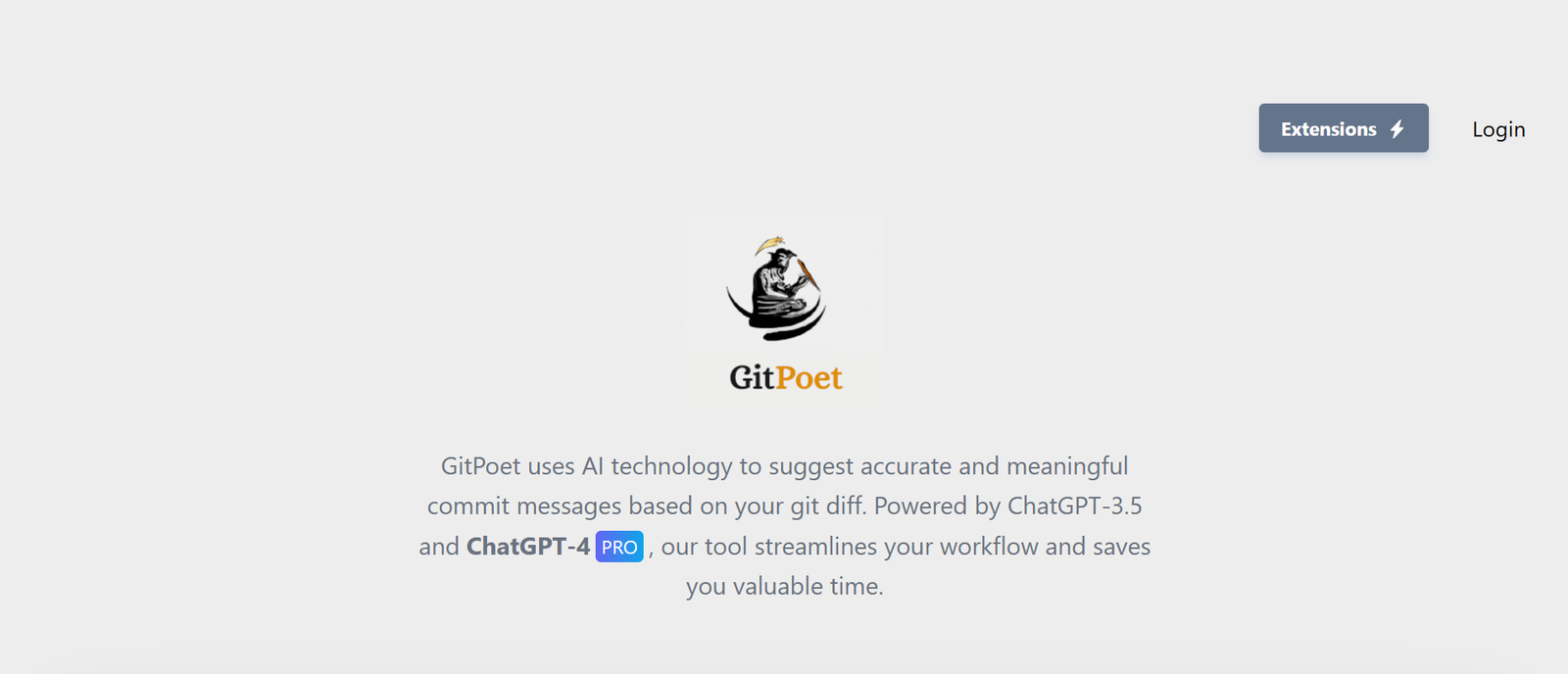GitPoet homepage highlighting its ability to generate accurate and meaningful commit messages using AI, improving Git workflows and saving time.