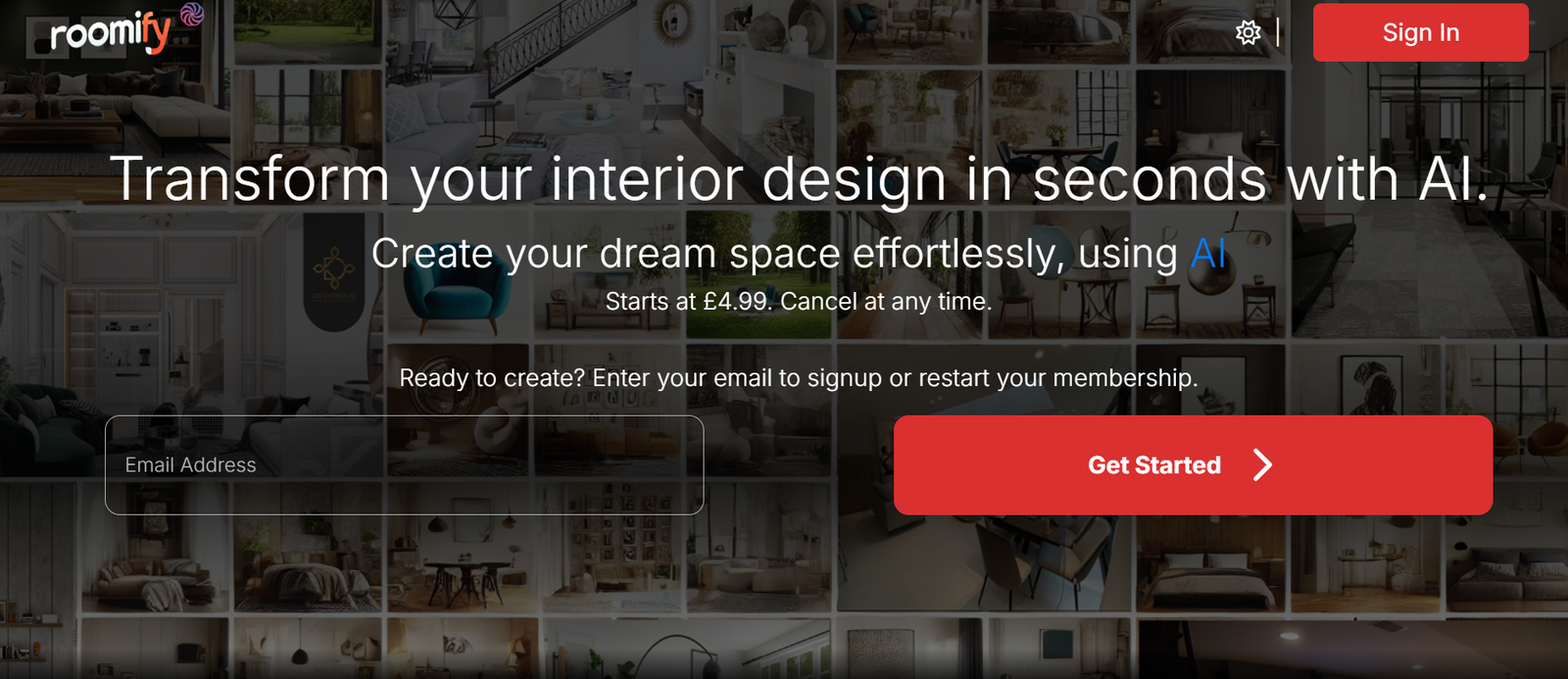 Roomify homepage featuring the tagline 'Transform your interior design in seconds with AI,' with a call-to-action to get started.