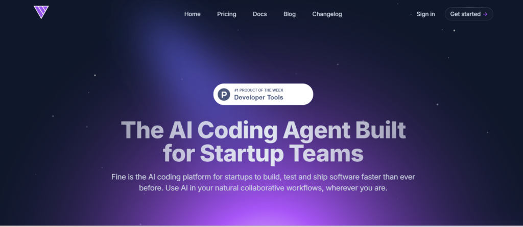 Homepage of an AI coding agent platform showcasing its tagline 'The AI Coding Agent Built for Startup Teams' with a focus on collaborative workflows.