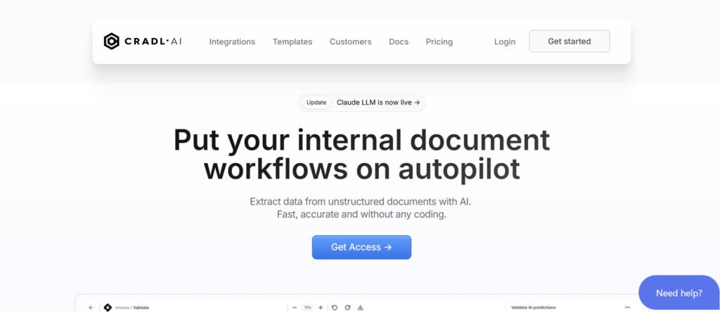 Screenshot of Cradl AI's homepage featuring the headline 'Put your internal document workflows on autopilot.' The page highlights AI-powered text extraction from unstructured documents, emphasizing speed, accuracy, and no coding required. A call-to-action button labeled 'Get Access' is prominently displayed. Navigation links at the top include Integrations, Solutions, Docs, Pricing, and Login, with a 'Get Started' option on the right. The design is clean and professional, with a focus on simplicity and functionality.