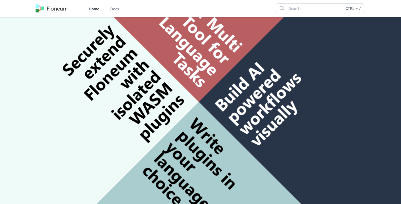 Floneum homepage showcasing key features in bold, diagonal sections: securely extend Floneum with isolated WASM plugins, multi-tool for language tasks, write plugins in any language, and build AI-powered workflows visually. The design features contrasting backgrounds for each section and a clean navigation bar at the top.