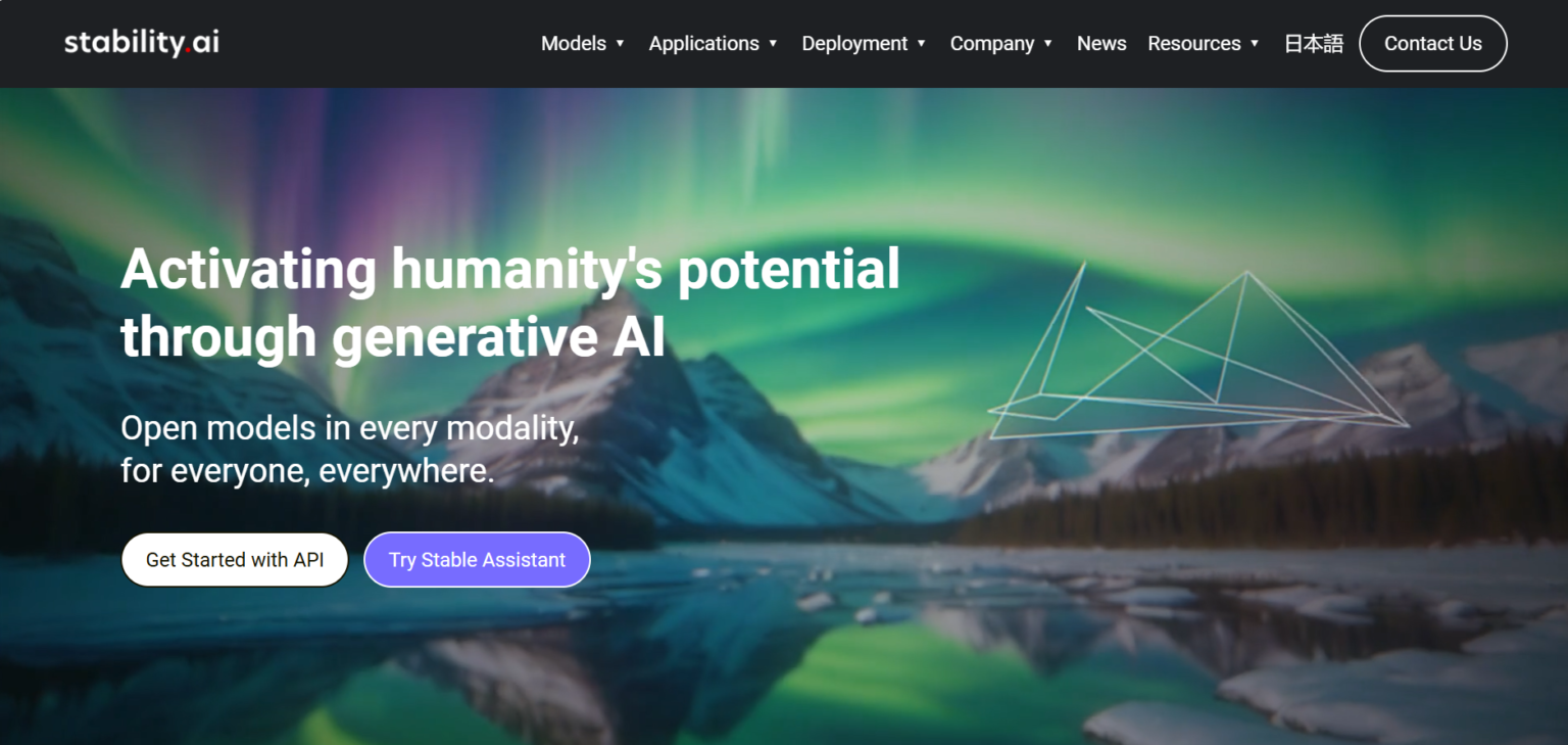 Stability AI homepage showcasing a scenic background of mountains and aurora lights with the tagline 'Activating humanity's potential through generative AI.' Includes buttons for 'Get Started with API' and 'Try Stable Assistant.'