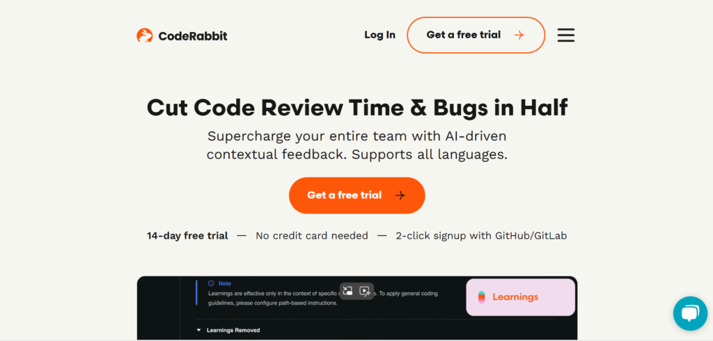 CodeRabbit homepage highlighting the tagline 'Cut Code Review Time & Bugs in Half' with AI-driven feedback and a 14-day free trial.