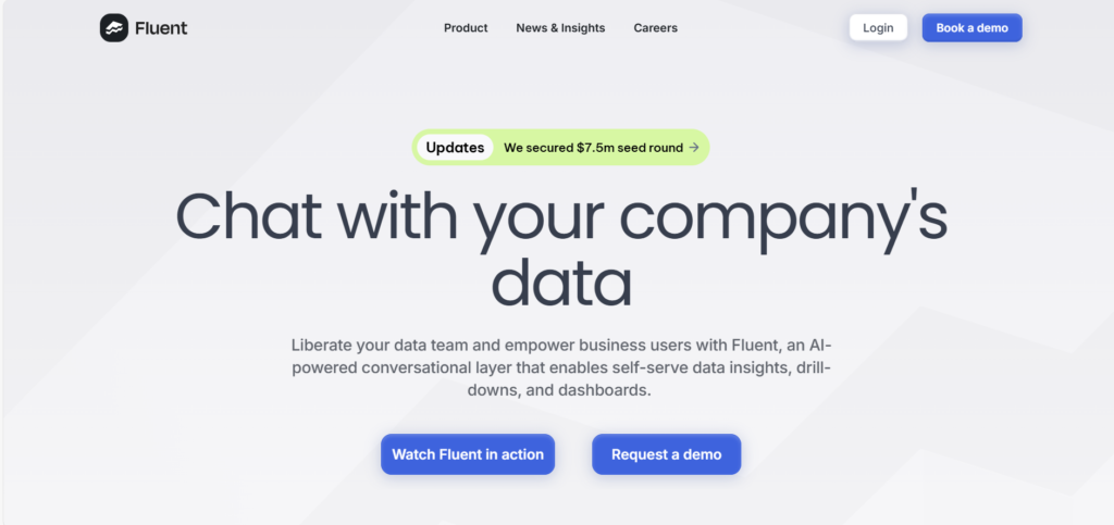 Screenshot of the Fluent homepage with the headline 'Chat with your company's data.' The page highlights Fluent as an AI-powered conversational tool for self-serve data insights, drill-downs, and dashboards. A banner announces a $7.5M seed funding round. Two call-to-action buttons are displayed: 'Watch Fluent in action' and 'Request a demo.' Navigation links for Product, News & Insights, and Careers are visible, along with Login and Book a Demo options.