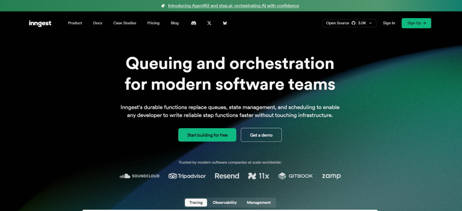 Screenshot of Inngest's homepage with the headline 'Queuing and orchestration for modern software teams.' The page highlights Inngest’s durable functions for replacing queues, state management, and scheduling. Buttons labeled 'Start building for free' and 'Get a demo' are prominently displayed. Navigation links at the top include Product, Docs, Case Studies, Pricing, and Blog, along with a 'Sign up' button. A banner at the top promotes Inngest's new API orchestration capabilities.