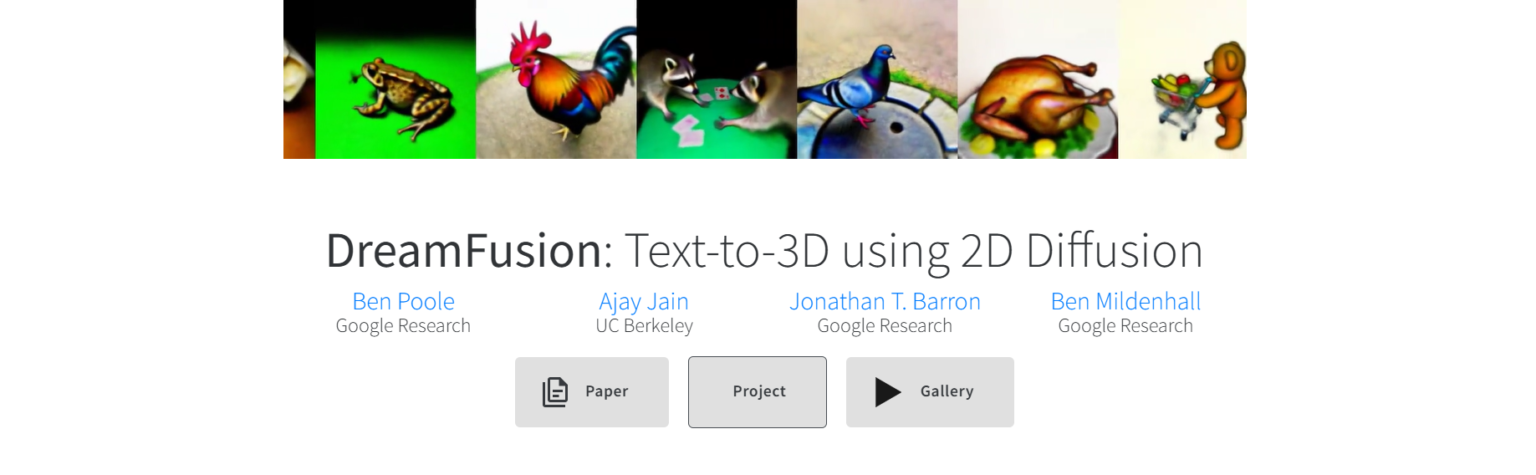 DreamFusion: Text-to-3D using 2D Diffusion, showcasing various 3D models generated from text prompts with colorful visuals and contributors' names from Google Research.