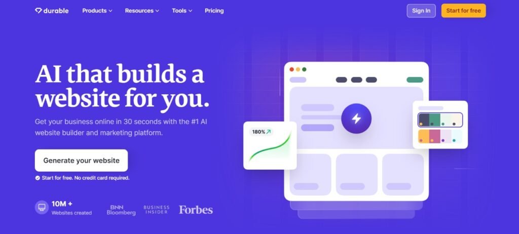 Durable's homepage showcasing its AI website builder with a user-friendly design and growth-focused tools.