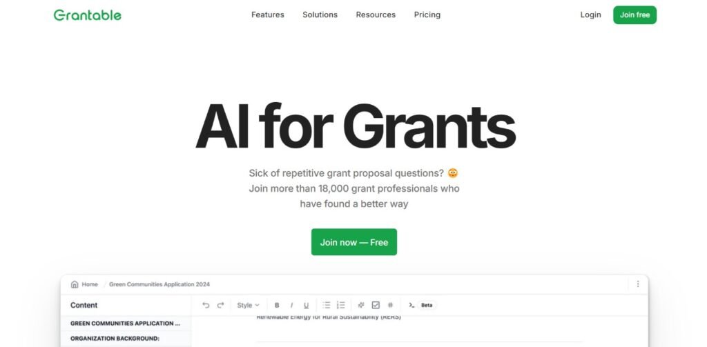 Grantable AI homepage showcasing tools for drafting and managing grant proposals efficiently, with a 'Join now – Free' call-to-action.