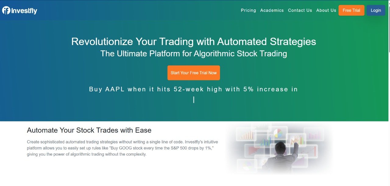 Investfly homepage featuring automated trading strategies, highlighting benefits like ease of use and algorithmic stock trading, with a 'Start Your Free Trial' button prominently displayed.