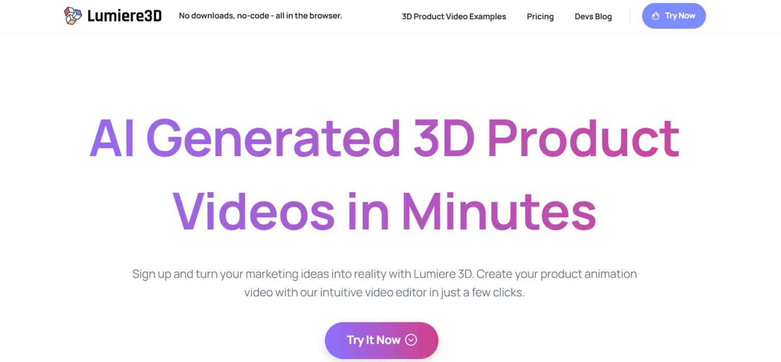 Lumiere3D homepage showcasing AI-generated 3D product videos. The banner highlights 'AI Generated 3D Product Videos in Minutes' with a 'Try It Now' button for users.