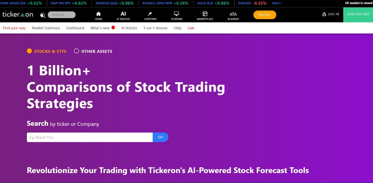 Tickeron homepage showcasing AI-powered stock trading tools with over 1 billion strategy comparisons.