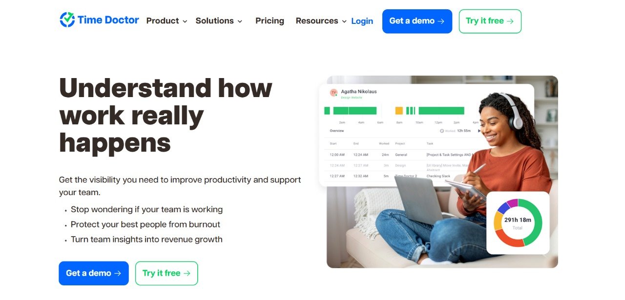 TimeDoctor homepage highlighting features for improving team productivity, including benefits like reducing burnout, tracking work insights, and boosting revenue growth, with options to get a demo or try the platform for free.