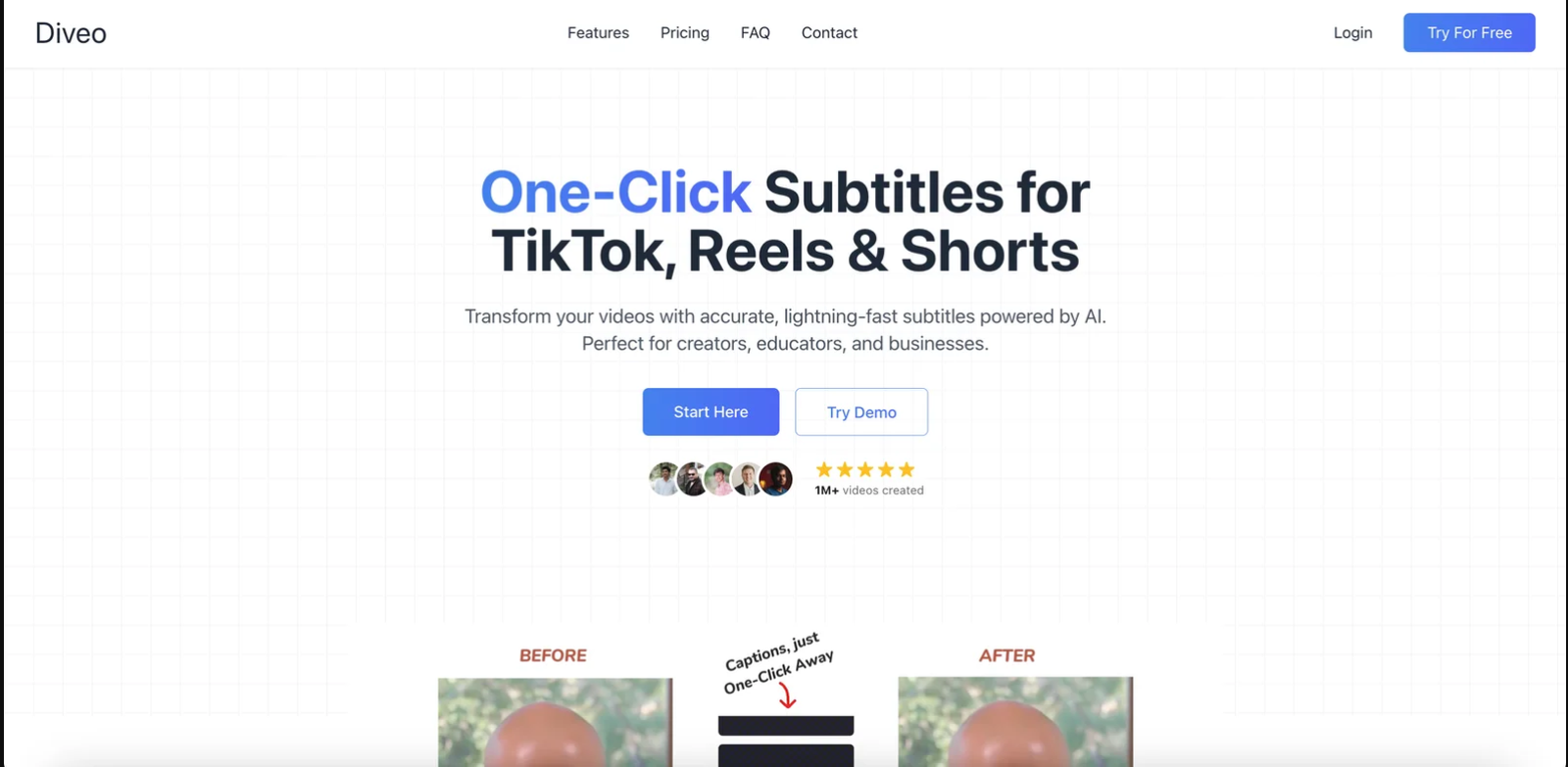 Diveo website homepage showing the hero section with the headline ‘One-Click Subtitles for TikTok, Reels & Shorts’ and a call-to-action button.
