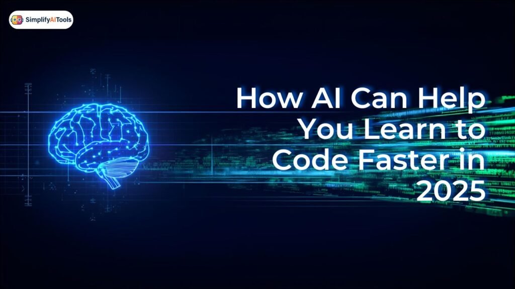 A digital brain illustration with futuristic coding lines representing how AI helps people learn coding faster in 2025.