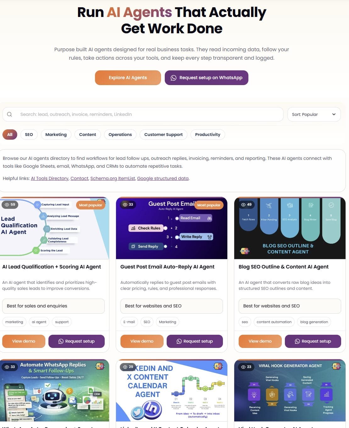The AI Agents page shows workflows that help people get things done.