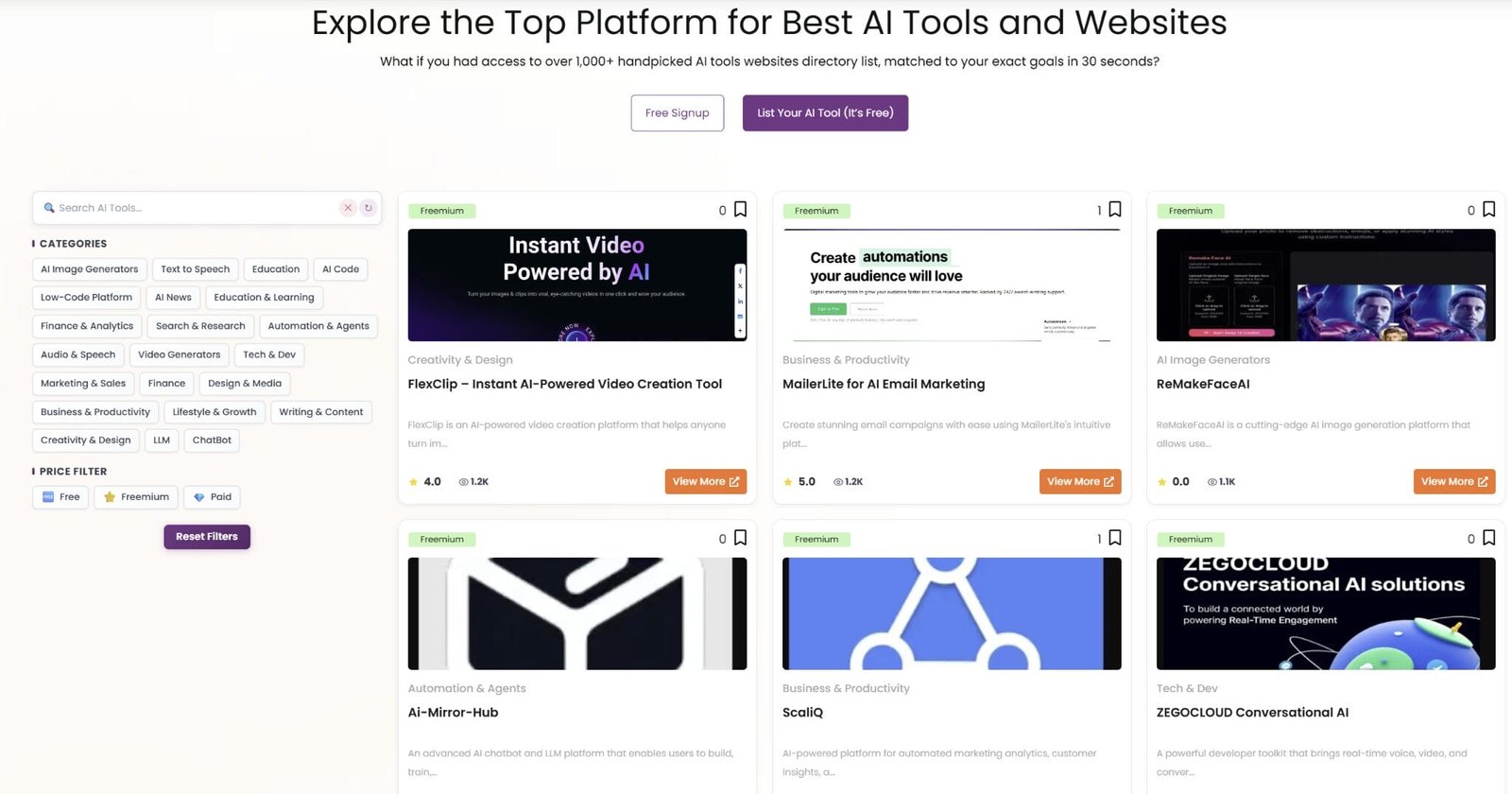 The layout of the AI Tools Directory with categories and filters